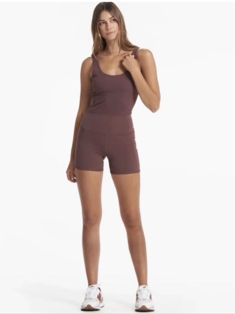 Vuori Scoop-Back Ribbed Tank Romper in Mauve Size M